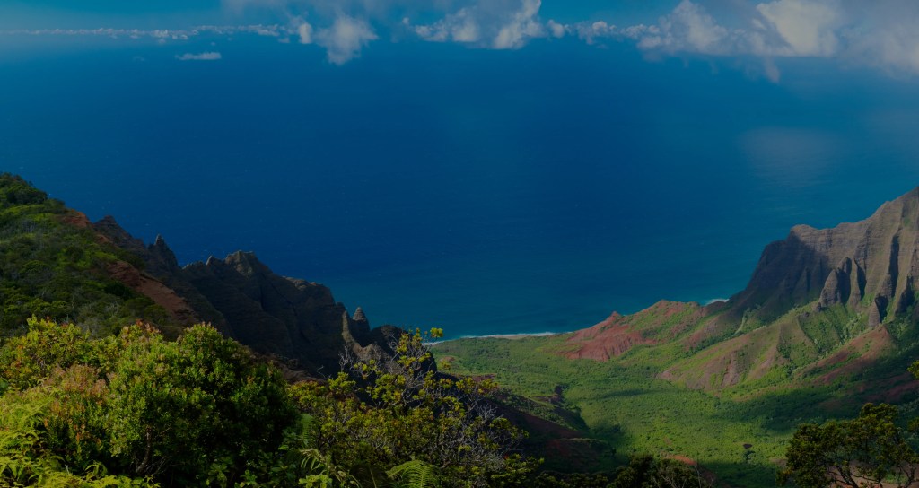 Scenic view of lush green valley, cliffs, and ocean under blue sky with clouds.